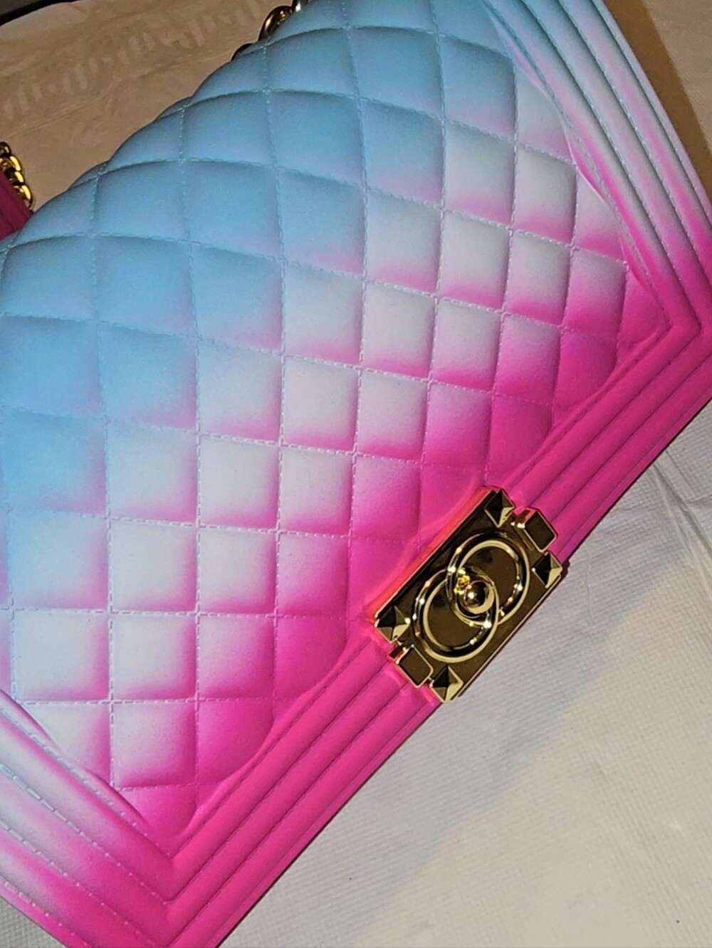 Jelly Shoulder Bag in Blue, White & Pink with Gold Chain Shoulder Scrap